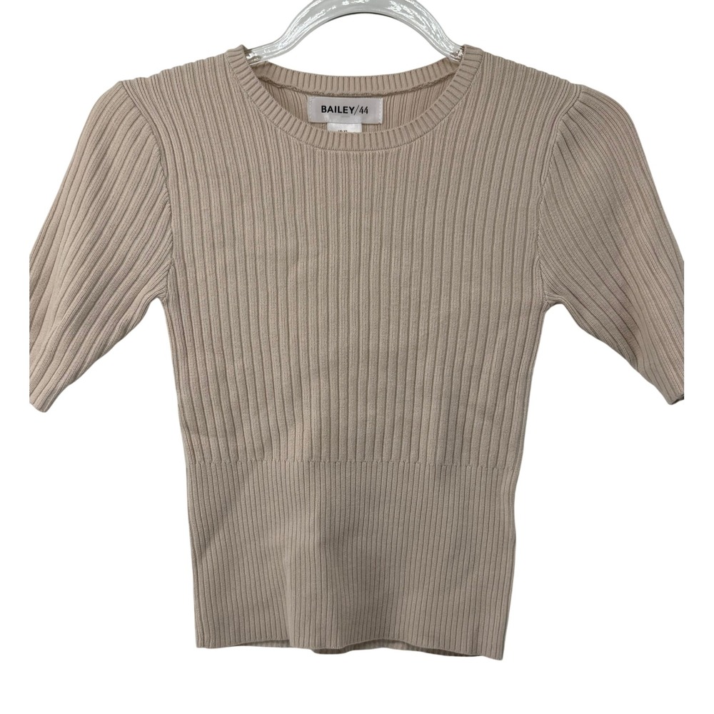 Bailey/44 Womens Beige Ribbed Short Sleeve Crew Neck Knit Top XS Tan Slim Fit